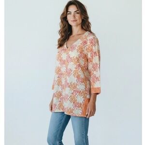J. Jill Tunic Women Small Petite Orange Coral Print Linen Cotton Boho EUC